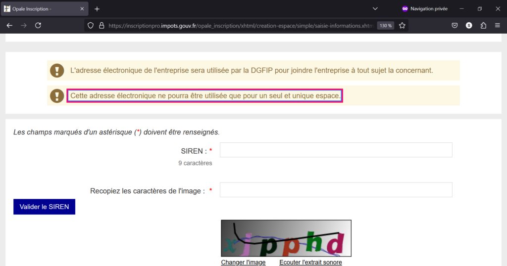 Page de connexion à l'espace professionnels des impôts avec le formulaire de connexion, le captcha visuel et l'alternative audio